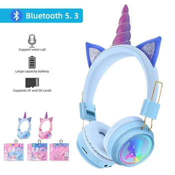 Bluetooth-гарнитура с микрофоном, музыкальные беспроводные наушники для девочек и мальчиков с единорогом, TF-карта, мобильный телефон, детский игровой наушник в подарок