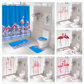 Наборы Занавесок для душа Crown Gentleman Flamingo Из Водонепроницаемой ткани Занавеска Для ванны Pink Love Flamingo Крышка Коврика Для Унитаза Коврик Для ванной