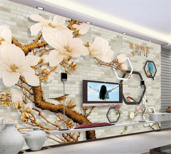 обои на заказ beibehang современная мода магнолия кирпичная стена 3D гостиная ТВ фоновая стена украшение дома живопись