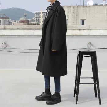 Зимняя корейская версия мужского длинного толстого шерстяного пальто свободного покроя, красивое черное шерстяное пальто с лацканами.