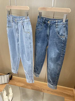 Женские джинсы с эластичной цепочкой из бисера, джинсовые брюки с высокой талией, однотонные, приталенные, повседневные, весна-лето