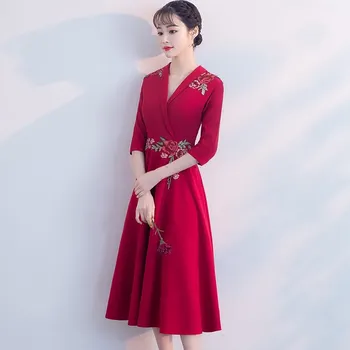 Бордовое сексуальное тонкое свадебное платье с вышивкой, вечернее платье, Китайское свадебное платье для тостов, улучшенный Qipao Vestidos Размер S-XXL