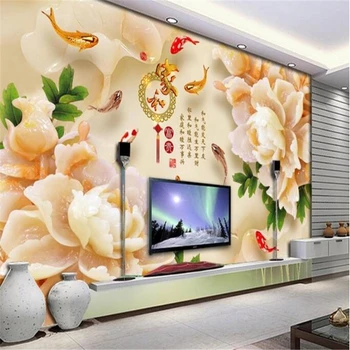 beibehang 3d пользовательские фотообои настенные фрески наклейки Домашняя и богатая резьба по нефриту Пион девять рыб фигурка 3D ТВ фон