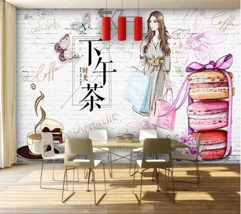 wellyu Пользовательские обои 3d фрески индивидуальность кирпичная стена послеобеденный чай ручная роспись красота macarons инструменты фреска 3d обои