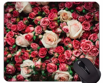Коврик для мыши из натурального каучука с натуральным принтом, розами по краям, прошитыми цветами