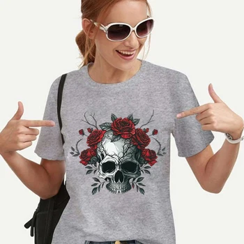Футболки с принтом мультяшного готического черепа, уличная одежда в стиле панк-хип-хоп для девочек, подростков, топы Y2k, женские футболки с рисунком розы в стиле Харадзюку, женские футболки с рисунком розы