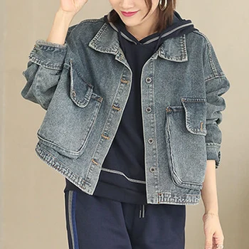 Старая джинсовая рабочая одежда с большим карманом, однобортный свободный тонкий и простой модный осенний кардиган, пальто, джинсовая куртка