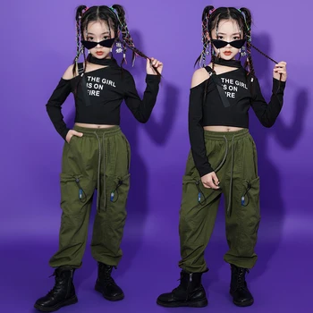 Новая одежда для девочек в стиле хип-хоп, Черные топы, зеленые брюки, костюм для джазового выступления, детский современный танцевальный костюм, одежда для уличных танцев Kpop BL10603