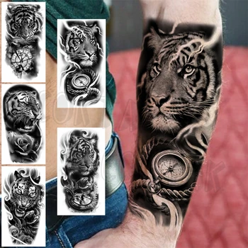 Временные татуировки с Черным Тигром и Компасом Для женщин и взрослых Мужчин, Наклейка с искусственной татуировкой Розы, Реалистичное Украшение для боди-арта, Бумага для татуировки
