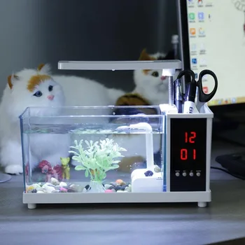 Мини-аквариумные рыбки USB-аквариум со светодиодной подсветкой, ЖК-дисплеем и часами, Аквариумные аквариумы с рыбками, черно-белый декор стола