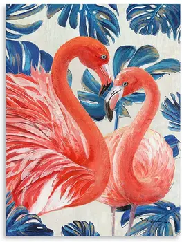 Фламинго, настенные рисунки на холсте, Изображения птиц в тропических листьях, розовые плакаты, настенное украшение для комнаты девочек