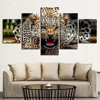 Модульные картины на холсте в рамке, Настенное искусство, домашний декор, 5 предметов, картины со свирепым леопардом, HD-принты, плакат с животными
