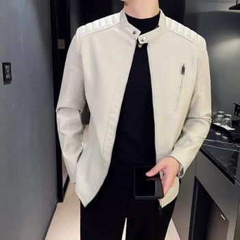 белая кожаная куртка мужская тенденция моды Простая индивидуальность Мужские осенневесенние куртки из искусственной кожи зимняя тонкая ветровка