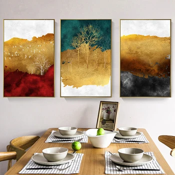 Абстрактный пейзаж Холст Картина Богатое дерево Красный Зеленый Золотой плакат Настенные художественные картины для эстетического домашнего декора комнаты Cuadros