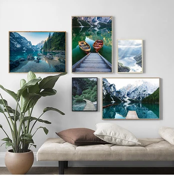 Плакат с пейзажем Скандинавской природы, Принт в скандинавском стиле, Настенная живопись в виде лодки на Горном озере, Современный декор гостиной