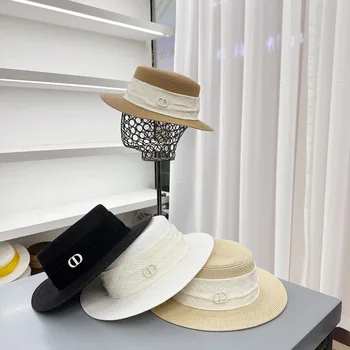 Летняя соломенная шляпа женская корейская версия соломенная шляпа с плоским верхом из ленты темного переплетения, солнцезащитная шляпа женская