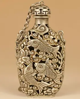 подвеска из старого тибетского серебра ручной работы с выдалбливаемой рыбой-лотосом, статуэткой, бутылочкой для нюхательного табака