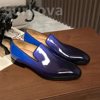 Мужские Модельные туфли Градиентного Цвета С Острым Носком, Социальная Обувь, Мужские Мокасины На Одну Ногу, Черные Синие Фиолетовые Элегантные Вечерние Туфли