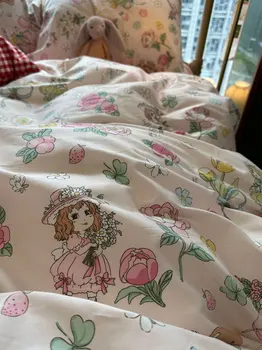 Романтический сладкий цветочный комплект постельных принадлежностей для девочек-кроликов, twin full queen, милый цветочный хлопковый домашний текстиль, простыня, наволочка, пододеяльник
