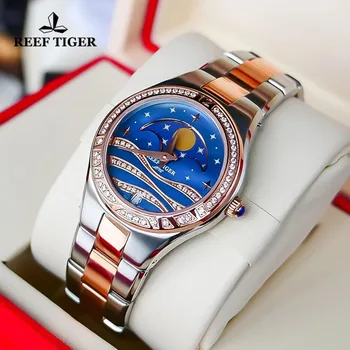 Reef Tiger / RT Роскошные кварцевые женские наручные часы с синим циферблатом Часы с фазой Луны из розового золота с сапфировым стеклом