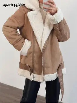 2023, Зимнее женское винтажное пальто из толстой искусственной кожи, повседневная теплая байкерская верхняя одежда из шерсти ягненка, женские куртки с отворотом и длинным рукавом.