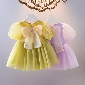 Летняя одежда для новорожденных девочек 2023 года, платье с коротким рукавом и бантом для девочек, одежда для дня рождения ребенка на 1 год, детское платье принцессы