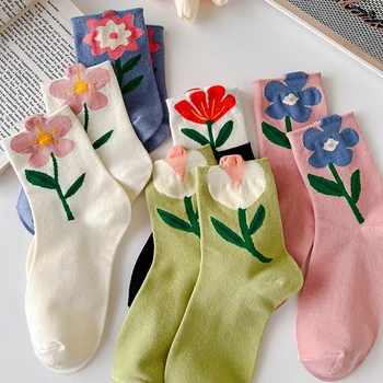 1 Пара женских носков в Японском Корейском стиле с мультяшным цветком, карамельный цвет, Harajuku Kawaii, носки средней длины, дышащие повседневные короткие носки