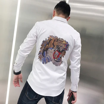 Мужская рубашка Оверсайз 5XL, уличная рок-мода, спецодежда, горячая дрель, голова тигра, Индивидуальность, длинный рукав