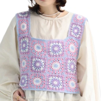 Женский топ без рукавов в стиле ретро, связанный вручную этническим вязаным геометрическим узором, свитер ярких цветов, жилет с вырезами N7YE