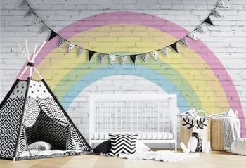 Настройка 3d обоев Белые кирпичи на мягкой красочной радуге для обоев-наклеек на стены детской комнаты