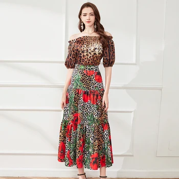 Винтажный леопардовый костюм для подиума, женский летний модный топ с открытыми плечами + юбка Макси, наряды с цветочным принтом, праздничная женская двойка S