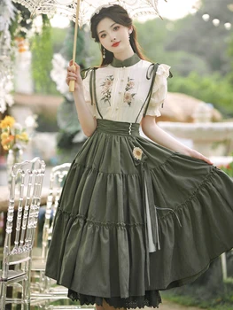 Женский комплект Hanfu в китайском стиле в стиле ретро, вышитая рубашка с пышными рукавами + винтажная юбка-торт, костюм для элегантных летних нарядов женского пола