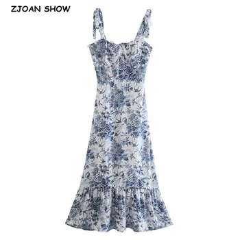 Летнее Винтажное женское платье во французском стиле сине-белого цвета в цветочек, с оборками на подоле, с завязкой-бантом, без рукавов, Сексуальное пляжное платье для отдыха