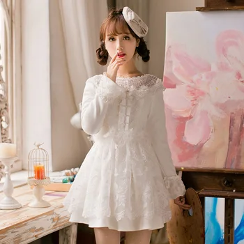 Принцесса сладкая лолита, белое платье, Карамельный дождь, украшение для ногтей из бисера, Трапециевидный круглый воротник, Кружевная вышивка, японский дизайн C16CD6207