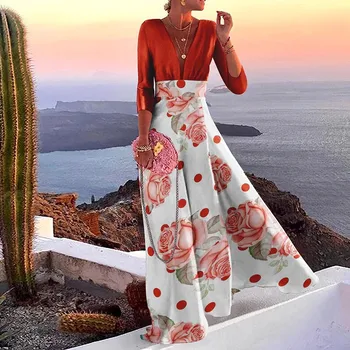 Горячее Модное платье 2023 года с V-образным вырезом и длинными рукавами, с высокой талией, С Принтом, Модное Вечернее Женское платье В ретро-Британском стиле, Vestidos