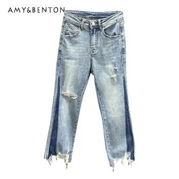Модные контрастные брюки-сигареты длиной до щиколотки, новые летние рваные джинсовые брюки прямого кроя с высокой талией 2023 года