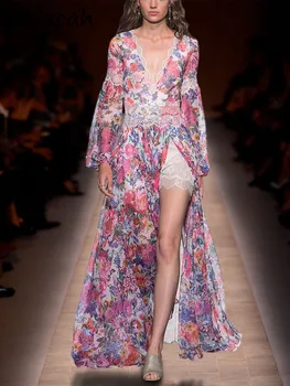 Delocah Высококачественное летнее женское модное дизайнерское длинное платье с рукавом-фонариком, кружевное платье с высокой талией и разрезом по бокам, Винтажные платья с принтом