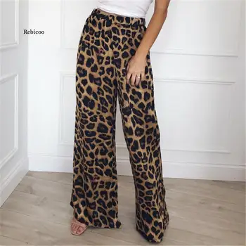 Трендовый повседневный леопардовый принт, широкие брюки со средней талией, Летние Офисные женские рабочие брюки