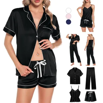 Пижамный комплект из 4 предметов для женщин, пижамный комплект, пижама с пятнами из искусственного шелка, модные удобные сексуальные шорты-слинг, домашняя одежда с принтом