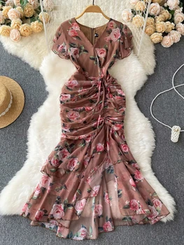 Французское винтажное платье с принтом, Женские элегантные облегающие платья с цветочным рисунком на завязках, летнее платье с V-образным вырезом и коротким рукавом 