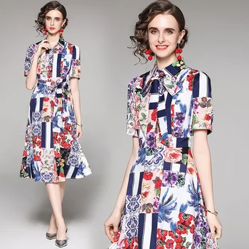 Западный Темпераментный стиль, Нежные женские летние платья средней длины, Гламурное цветочное лоскутное шитье, красочные базовые платья с поясом