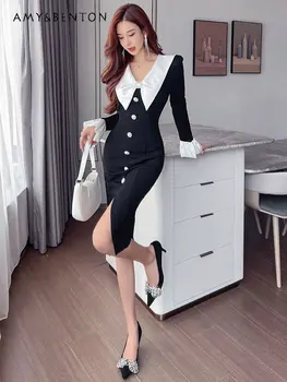 Черно-белое платье с кукольным воротничком и прострочкой для женщин 2023, весеннее новое платье для темперамента высокого класса, облегающее талию с расклешенными рукавами.