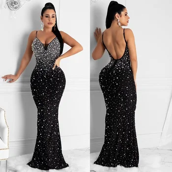 2023 Новое поступление, платье известного бренда, однотонное, расшитое бисером, на бретельках, сексуальное платье Макси для вечеринки знаменитостей, облегающее платье Vestidos