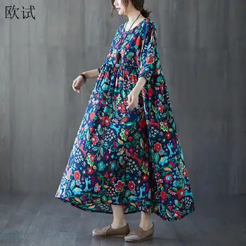Повседневное Винтажное летнее платье с цветочным рисунком, женские платья для женщин 2023, Длинное женское платье с женским принтом, хлопковое длинное женское платье
