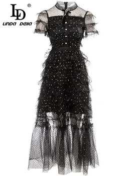 LD LINDA DELLA 2023, Новое дизайнерское Летнее платье, Женское платье с коротким рукавом, Каскадные оборки, Сетка в горошек, Черные винтажные вечерние платья