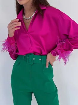 2022 Модная женская рубашка с отделкой из перьев, однотонные пуговицы с лацканами, с длинным рукавом, Свободные топы и блузки, повседневные Элегантные рубашки, женские.