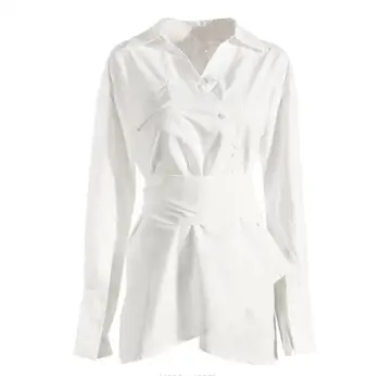 INS Нерегулярное женское платьерубашка Модное маленькое дизайнерское решение в стиле Ретро Свободная Тонкая талия Белое платье на шнуровке с длинным рукавом