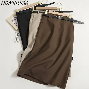 Осенние новые элегантные женские юбки Nomikuma с высокой талией и поясом, модная элегантная однотонная юбка с разрезом, плавки Faldas Mujer Moda 2023