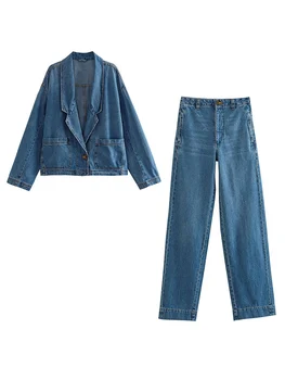 Комплекты джинсовых брюк TRAF для женщин 2023 года, Новые женские куртки с длинным рукавом на одной пуговице, Прямые брюки на молнии, повседневная верхняя одежда