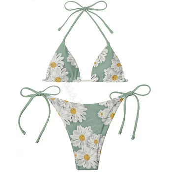 Свежий 3D принт с цветочным растением, женское бикини с микро-треугольным завязыванием сбоку, летняя пляжная одежда, Манкини, милый сексуальный пляжный купальник-6